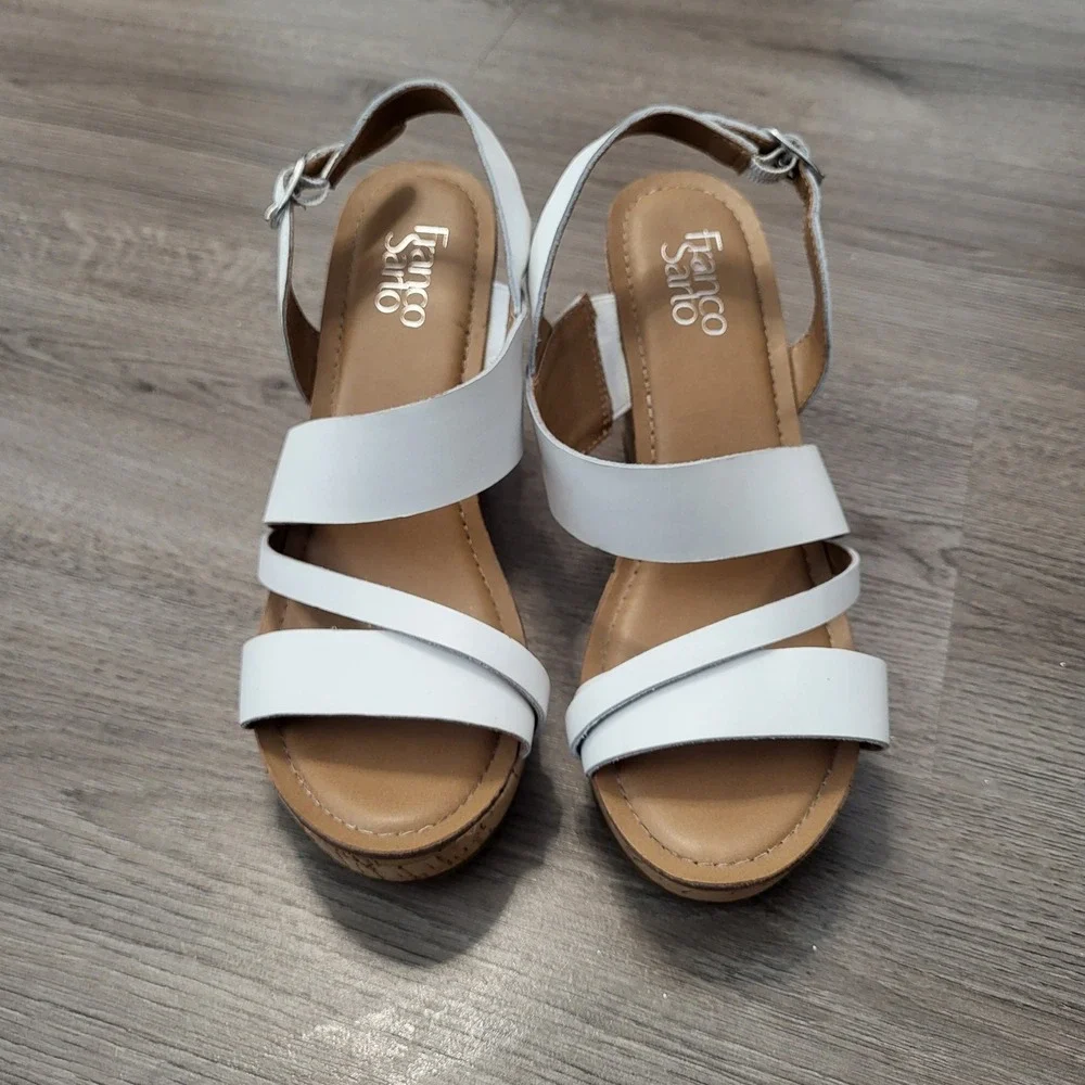 Franco Sarto Womens White Leather Cork Wedge Platform Sandals Strappy Buckle 8